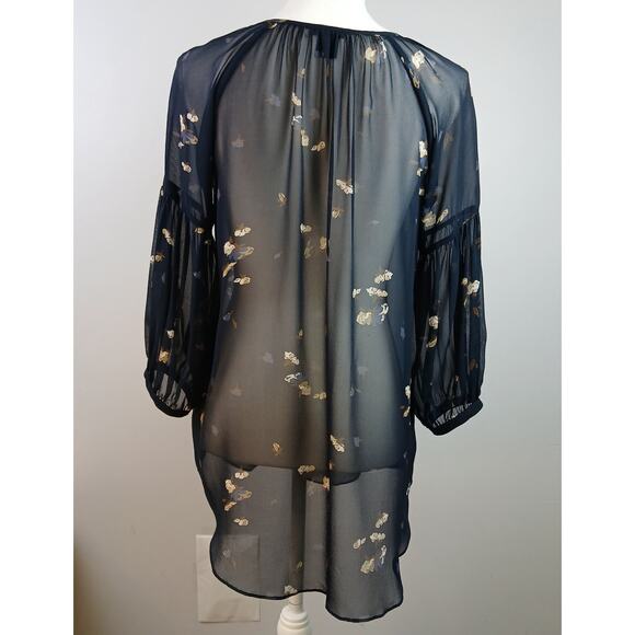 Club Monaco SZ XS 100% Silk Sheer Navy Blue Floral Blouse 4-Button Ties 00401299 - Picture 4 of 6